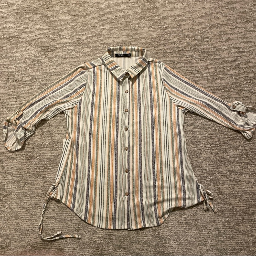 CURE 3/4 Sleeve Striped Shirt Women’s Size Large Colorful Roll Tab Sleeve Casual